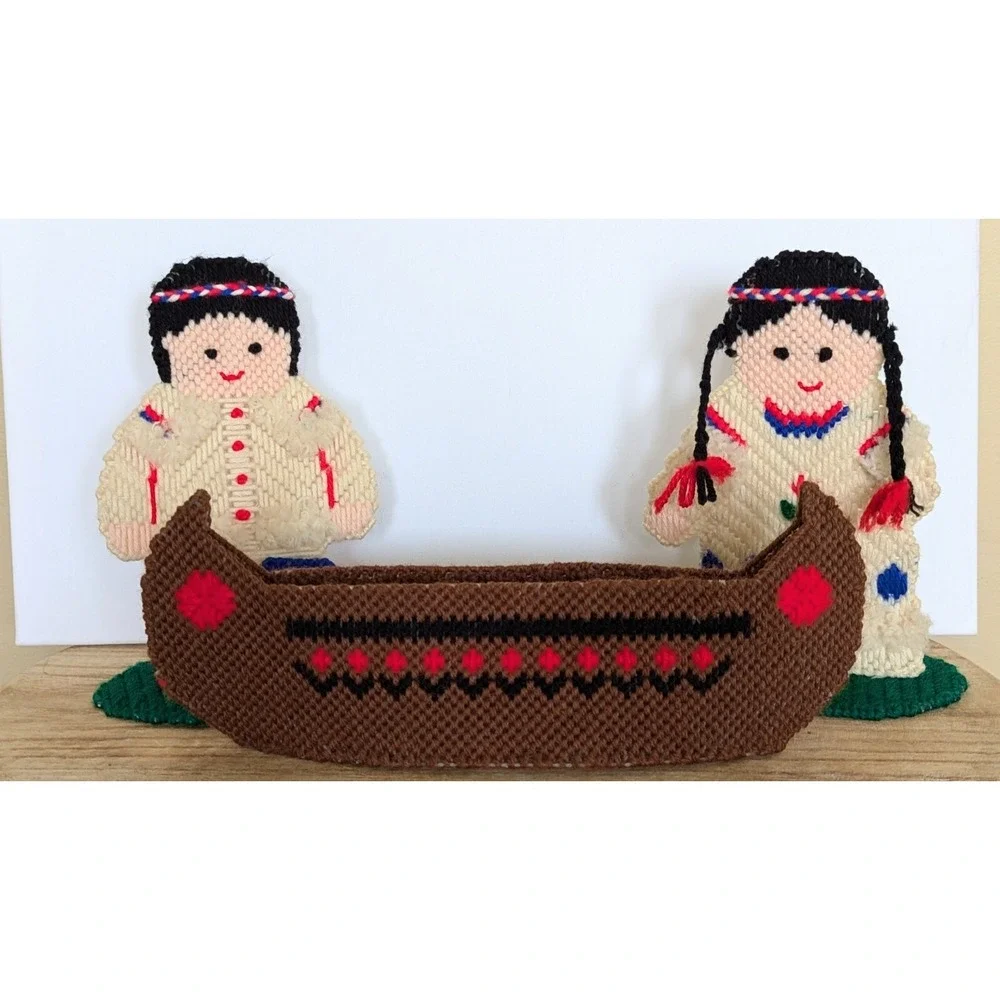 VTG Plastic Canvas Needlepoint Indian Native American Canoe Thanksgiving Decor